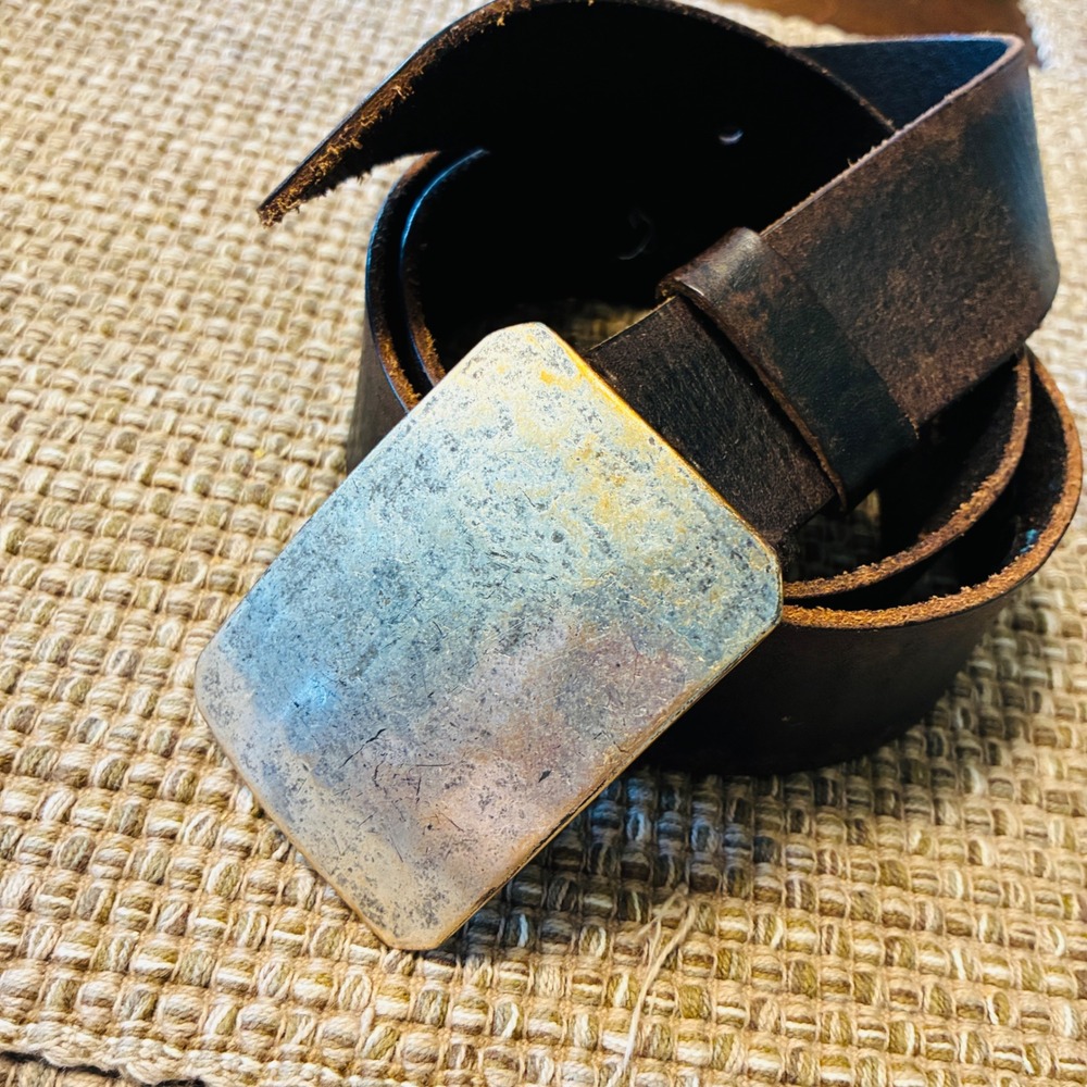 Y2K Aldo Leather Belt Mens Medium Brown Distressed Plaque Buckle